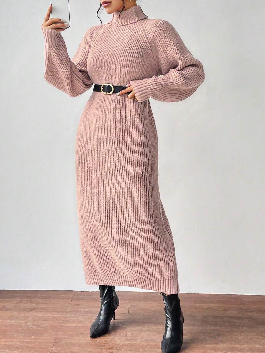 Anya High Neck Raglan Sleeve Sweater Dress - Red Violet