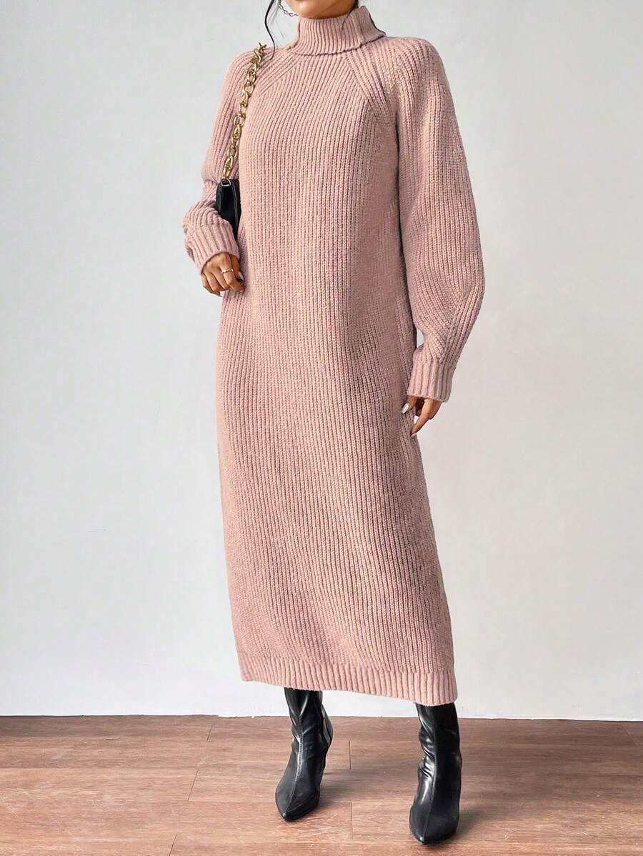 Anya High Neck Raglan Sleeve Sweater Dress - Army Green