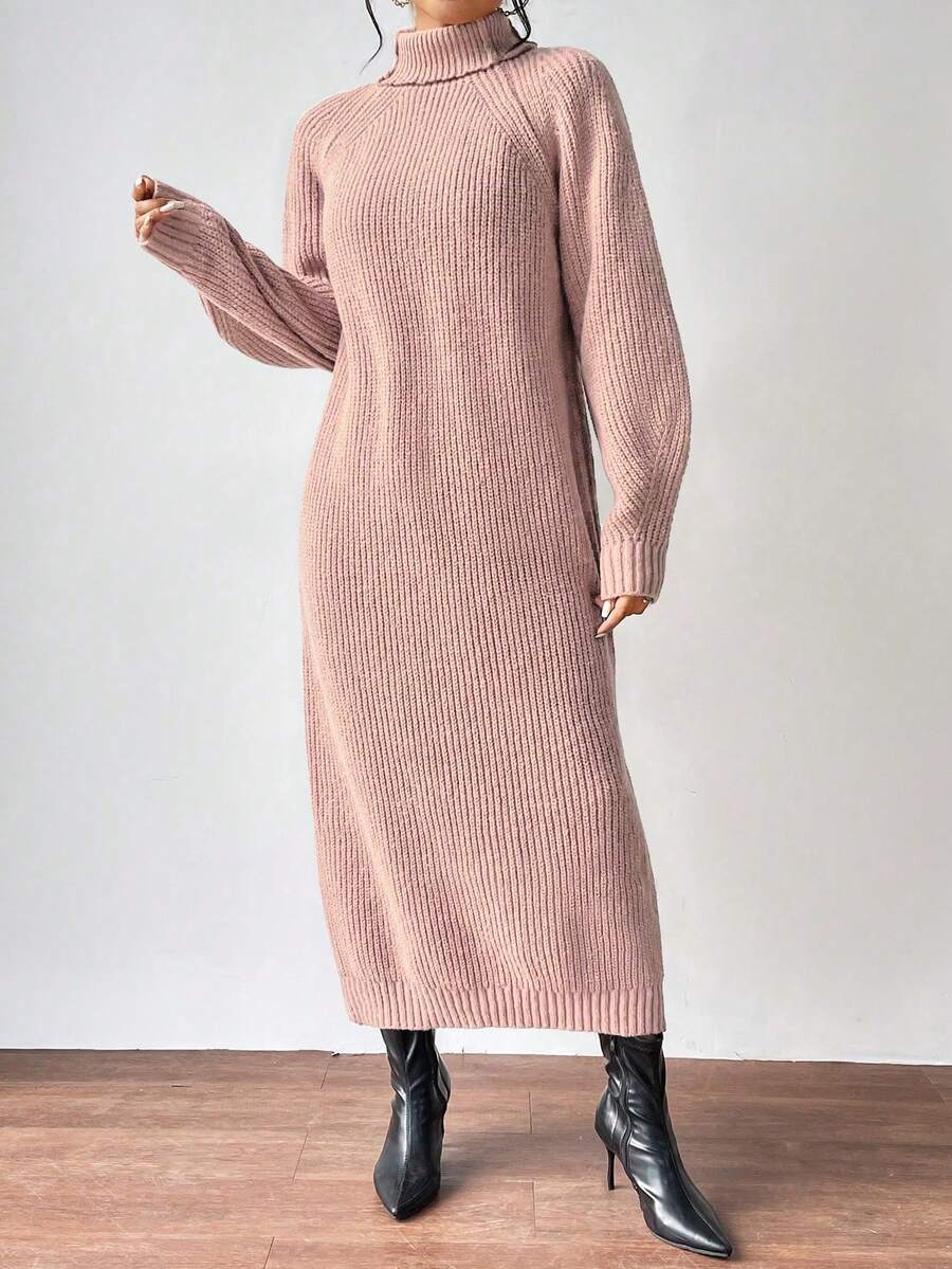 Anya High Neck Raglan Sleeve Sweater Dress - Beige
