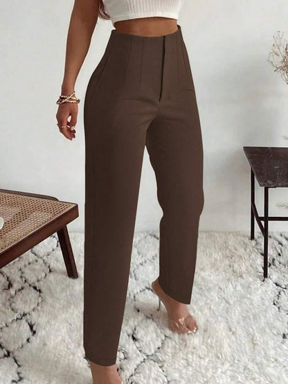 Women's Pleated Tapered Ankle Trousers, Stretch Dress Pants for Work Office - Coffee Brown