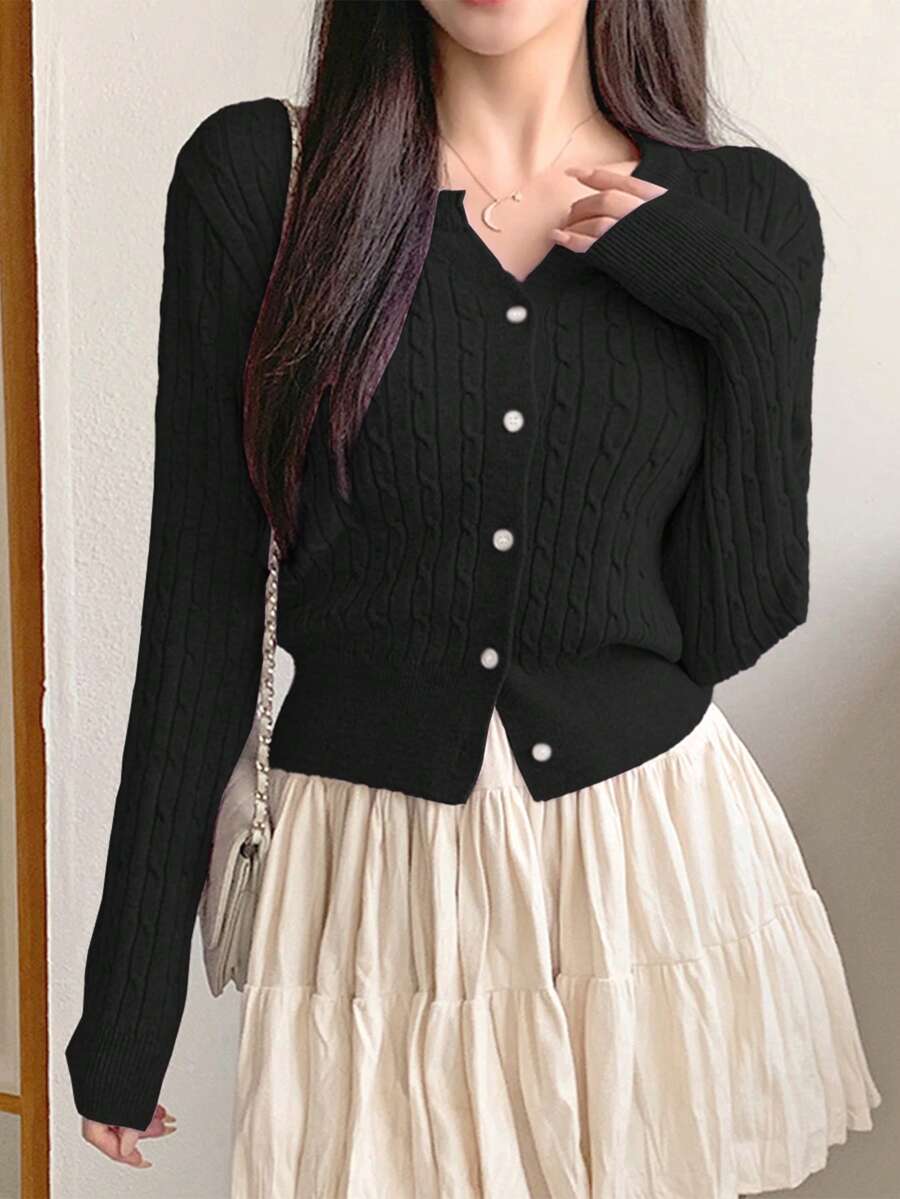 Women's Fitted V-Neck Button Front Cardigan, Twist Knit Sweater for Work and Fall - Black