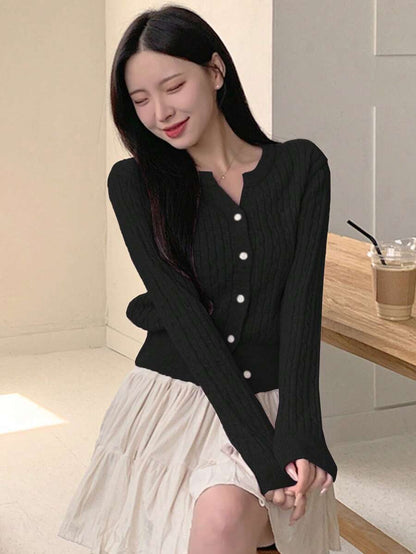 Women's Fitted V-Neck Button Front Cardigan, Twist Knit Sweater for Work and Fall - Khaki