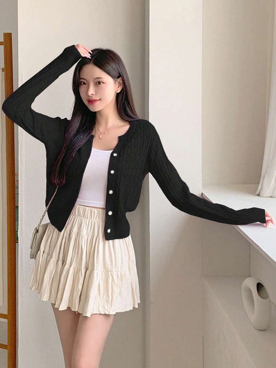Women's Fitted V-Neck Button Front Cardigan, Twist Knit Sweater for Work and Fall - Purple