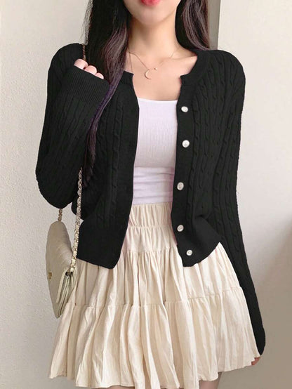 Women's Fitted V-Neck Button Front Cardigan, Twist Knit Sweater for Work and Fall - White
