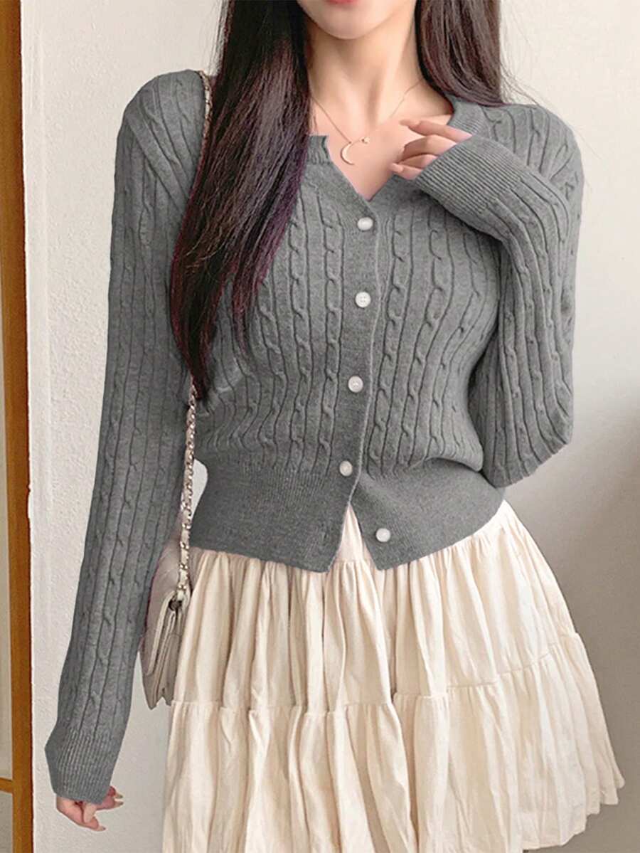 Women's Fitted V-Neck Button Front Cardigan, Twist Knit Sweater for Work and Fall - Navy Blue