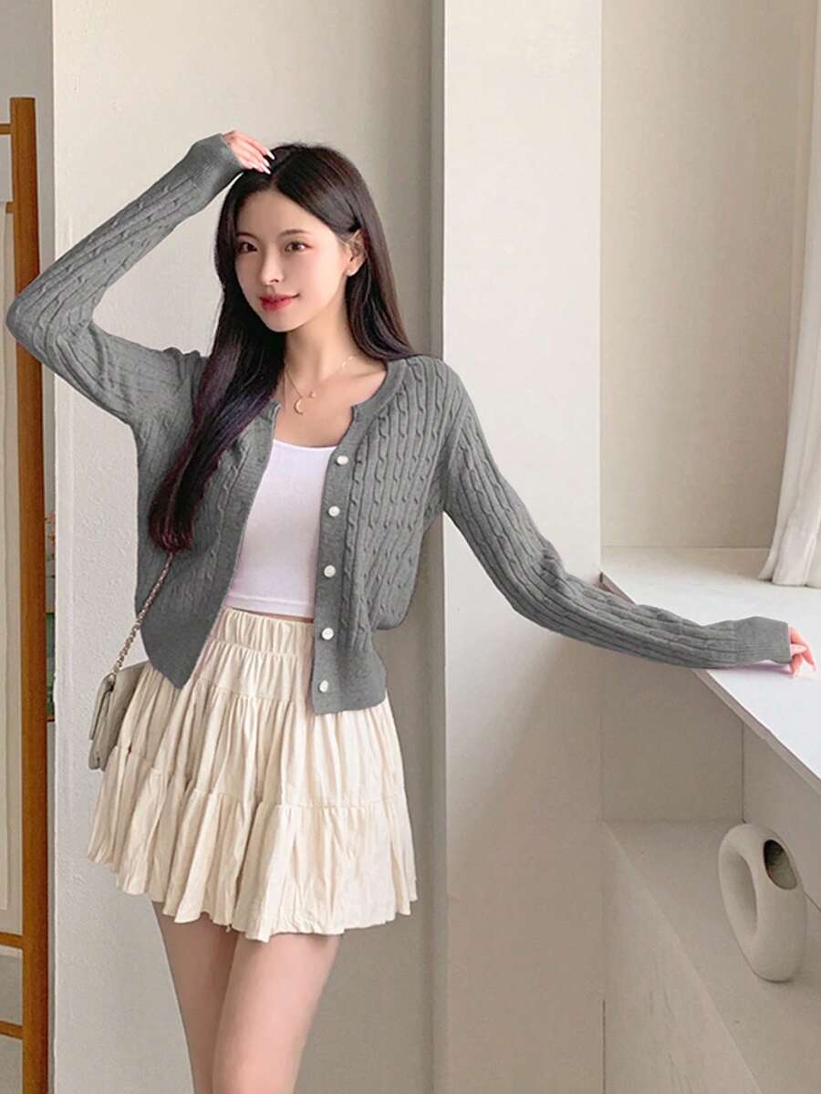 Women's Fitted V-Neck Button Front Cardigan, Twist Knit Sweater for Work and Fall - Black