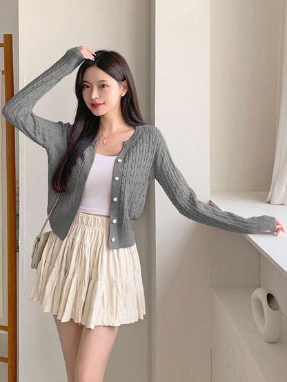 Women's Fitted V-Neck Button Front Cardigan, Twist Knit Sweater for Work and Fall - Black