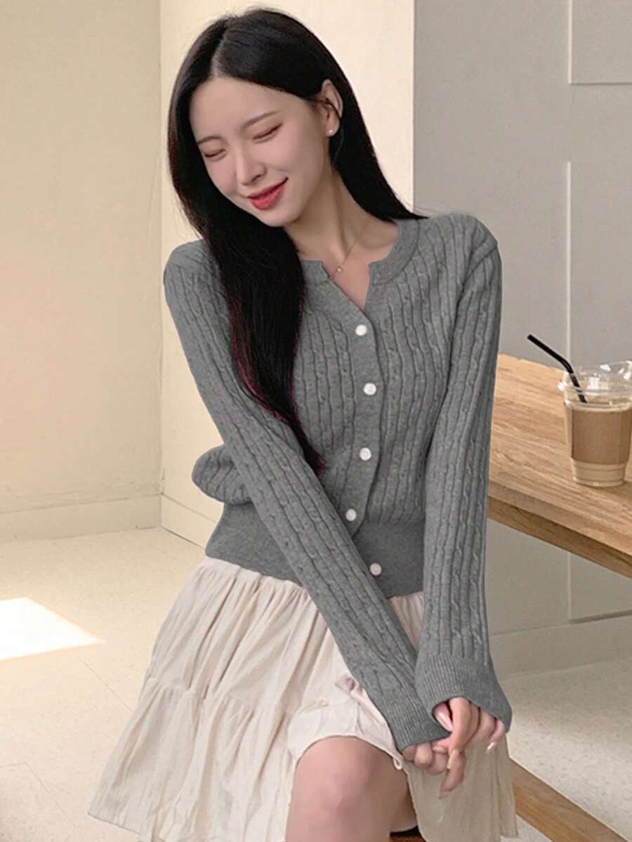 Women's Fitted V-Neck Button Front Cardigan, Twist Knit Sweater for Work and Fall - Brown