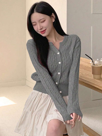 Women's Fitted V-Neck Button Front Cardigan, Twist Knit Sweater for Work and Fall - Brown