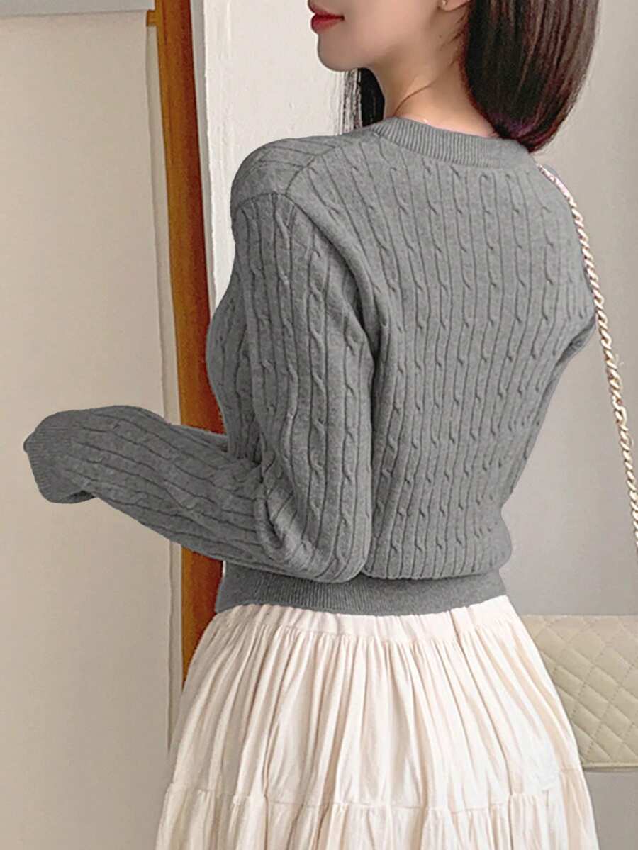 Women's Fitted V-Neck Button Front Cardigan, Twist Knit Sweater for Work and Fall - Grey