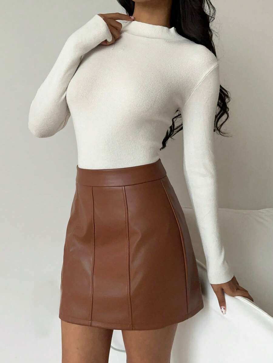 Ushuaia High Waist Faux Leather A Line Mini Skirt - Brown