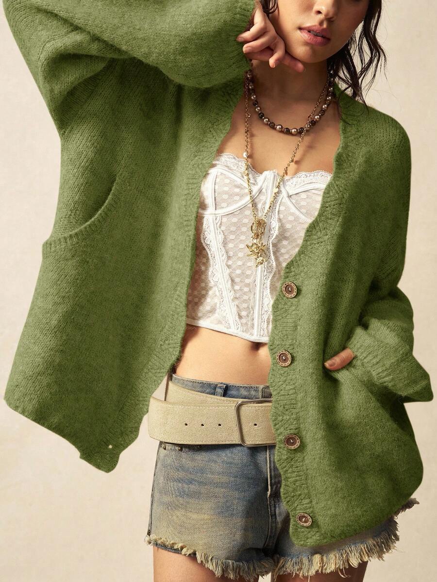 Megeve Oversized Fuzzy Knit Button Front Cardigan - Army Green