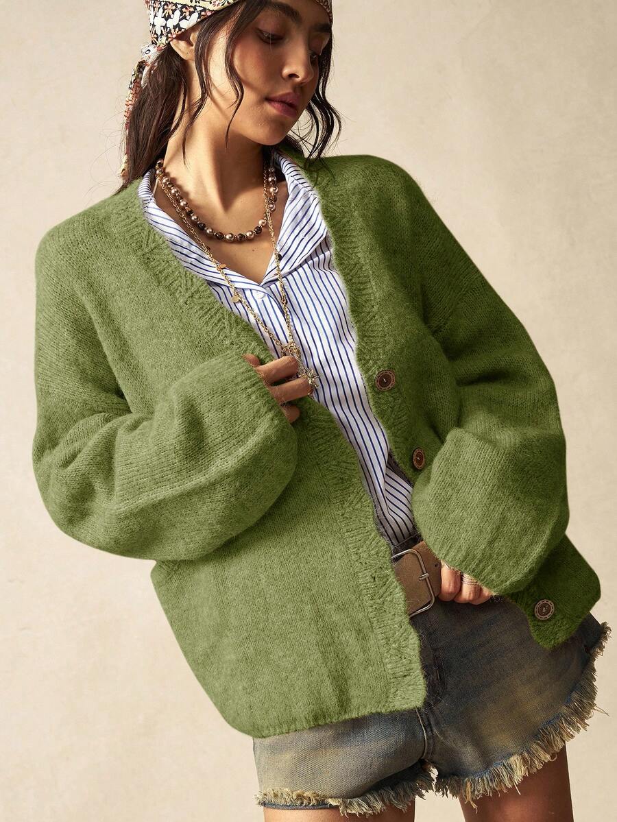 Megeve Oversized Fuzzy Knit Button Front Cardigan