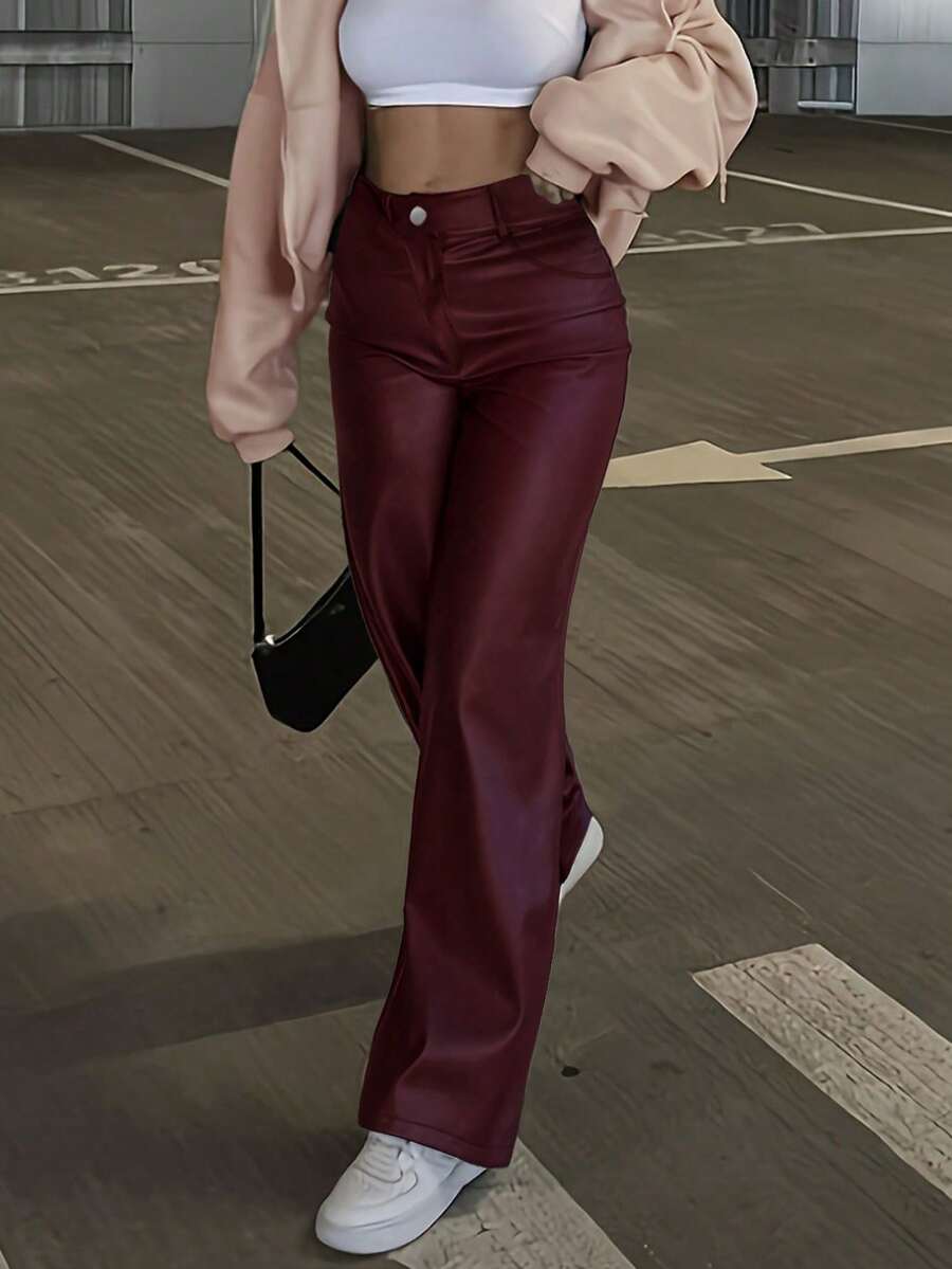 Durango High Waist Faux Leather Straight Leg Pants - Burgundy