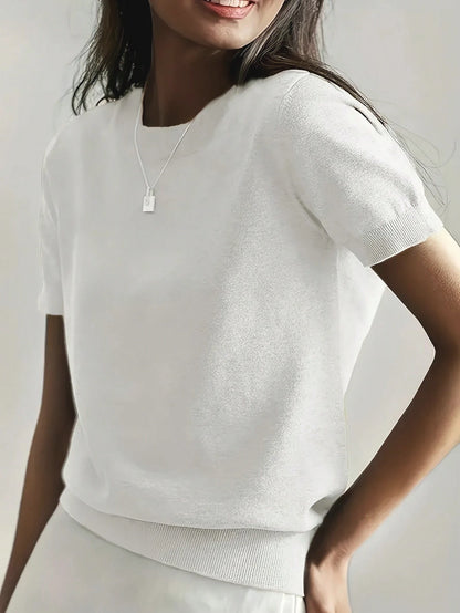 Women's Fine Rib Knit Short Sleeve Top, Fitted Stretch Tee for Layering and Work - Green
