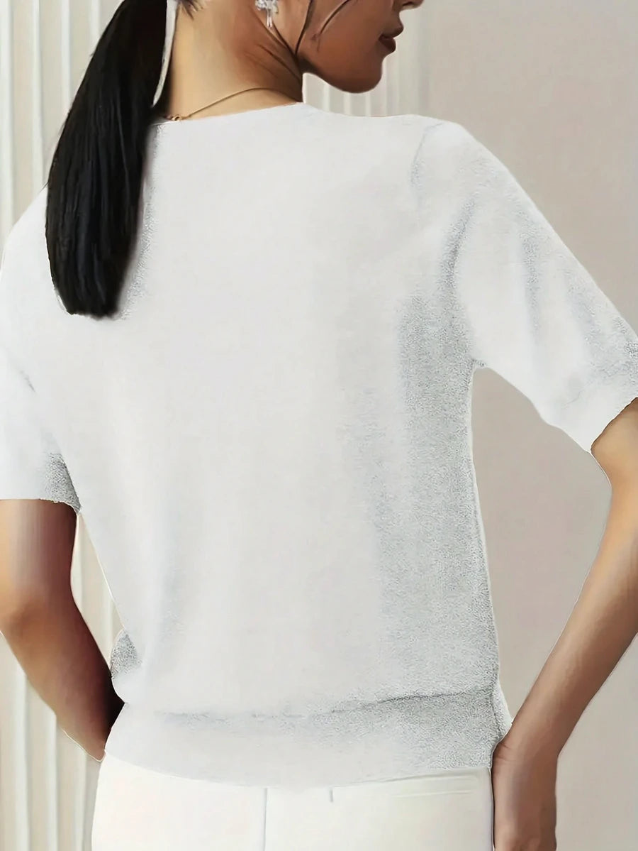 Women's Fine Rib Knit Short Sleeve Top, Fitted Stretch Tee for Layering and Work - White