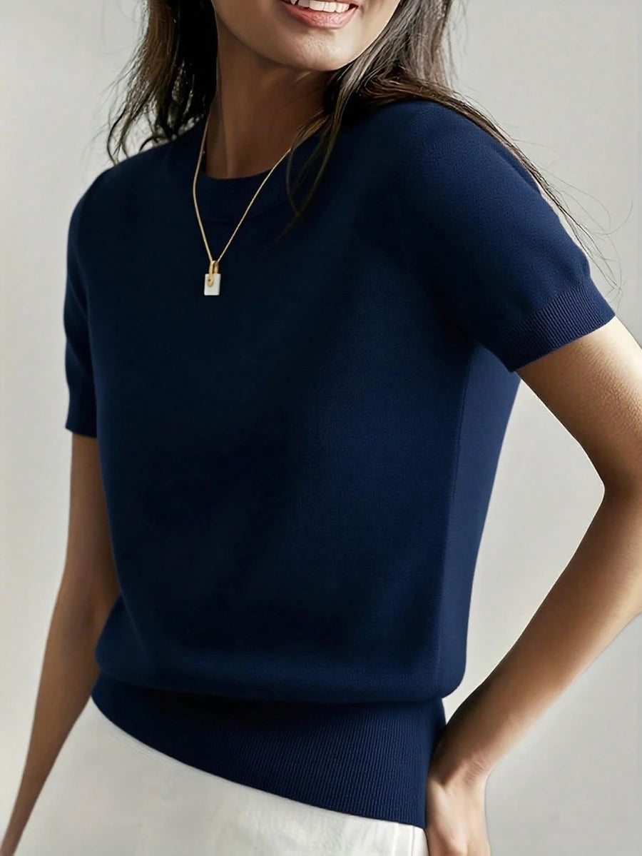 Women's Fine Rib Knit Short Sleeve Top, Fitted Stretch Tee for Layering and Work - Mauve Purple