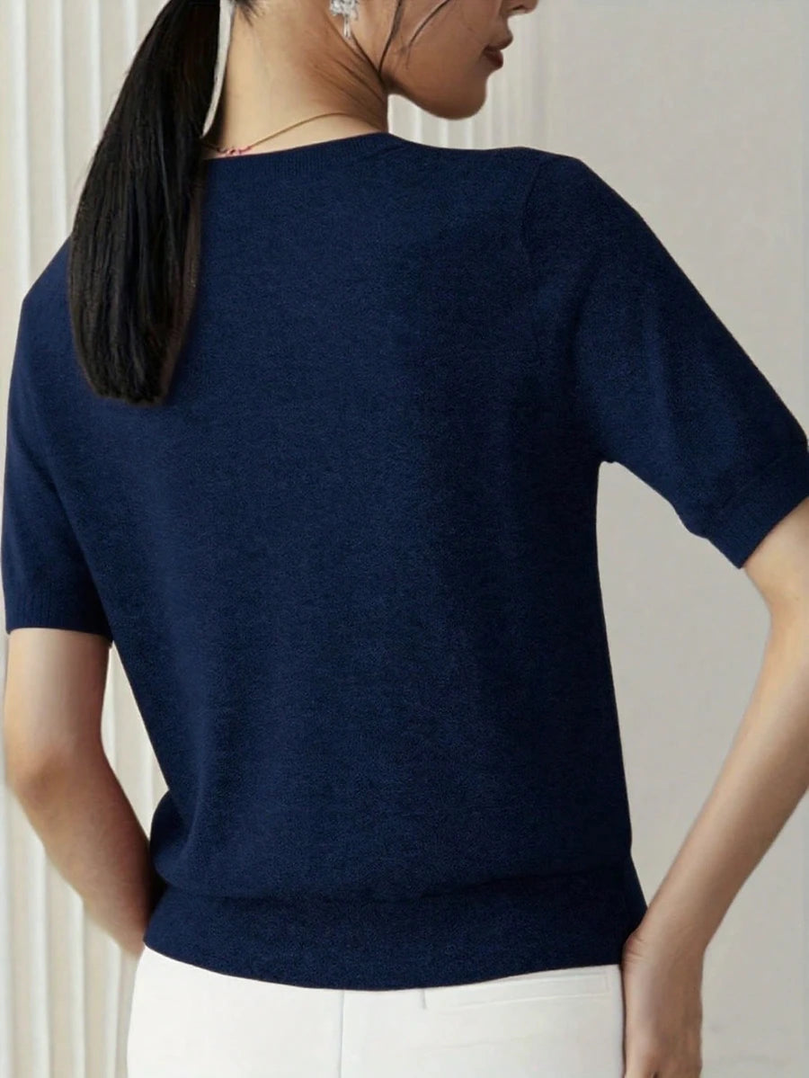 Women's Fine Rib Knit Short Sleeve Top, Fitted Stretch Tee for Layering and Work - Navy Blue