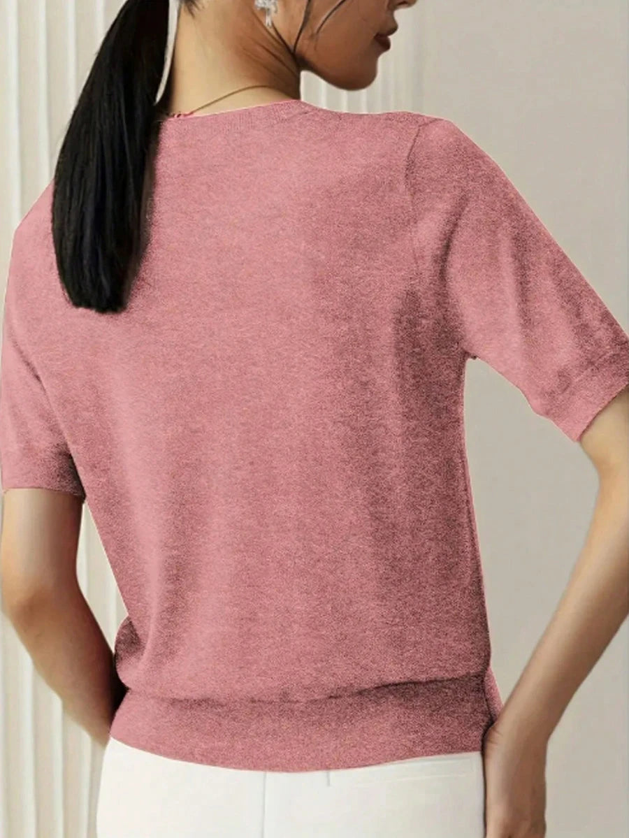 Women's Fine Rib Knit Short Sleeve Top, Fitted Stretch Tee for Layering and Work - Peacock Blue