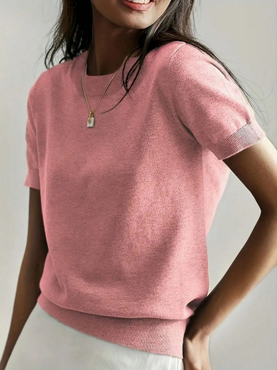 Women's Fine Rib Knit Short Sleeve Top, Fitted Stretch Tee for Layering and Work - White