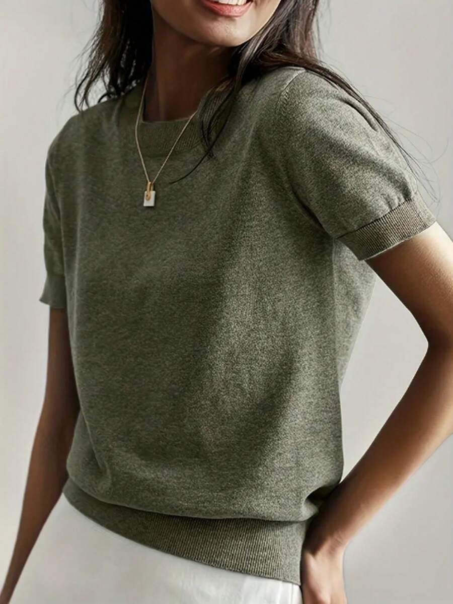 Women's Fine Rib Knit Short Sleeve Top, Fitted Stretch Tee for Layering and Work - Grey