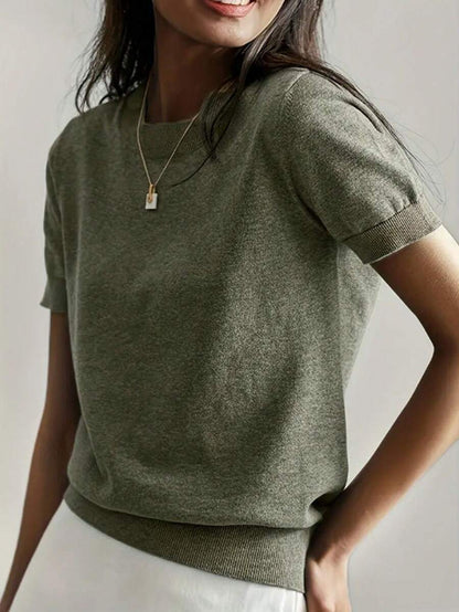 Women's Fine Rib Knit Short Sleeve Top, Fitted Stretch Tee for Layering and Work - Grey