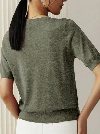 Women's Fine Rib Knit Short Sleeve Top, Fitted Stretch Tee for Layering and Work - Peach
