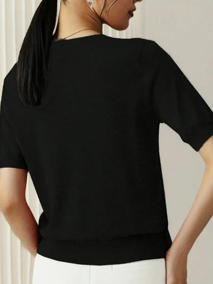 Women's Fine Rib Knit Short Sleeve Top, Fitted Stretch Tee for Layering and Work - Dark Green