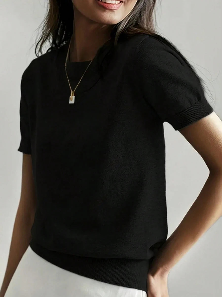 Women's Fine Rib Knit Short Sleeve Top, Fitted Stretch Tee for Layering and Work - Black