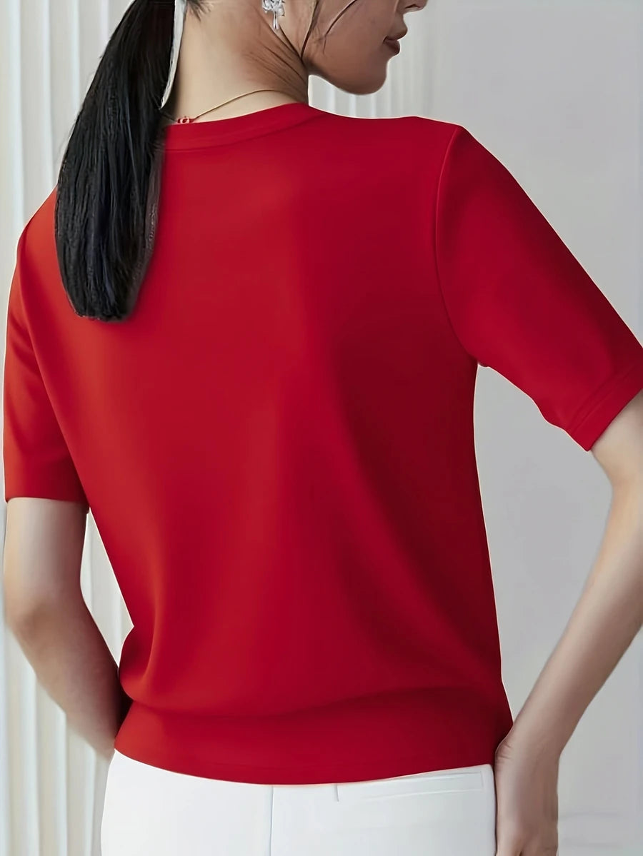 Women's Fine Rib Knit Short Sleeve Top, Fitted Stretch Tee for Layering and Work - Navy Blue