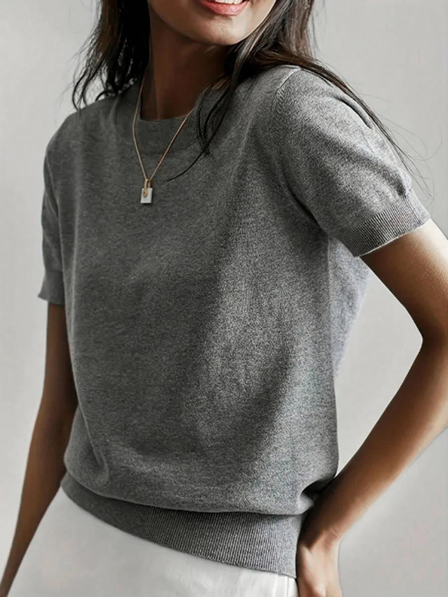 Women's Fine Rib Knit Short Sleeve Top, Fitted Stretch Tee for Layering and Work - Grey