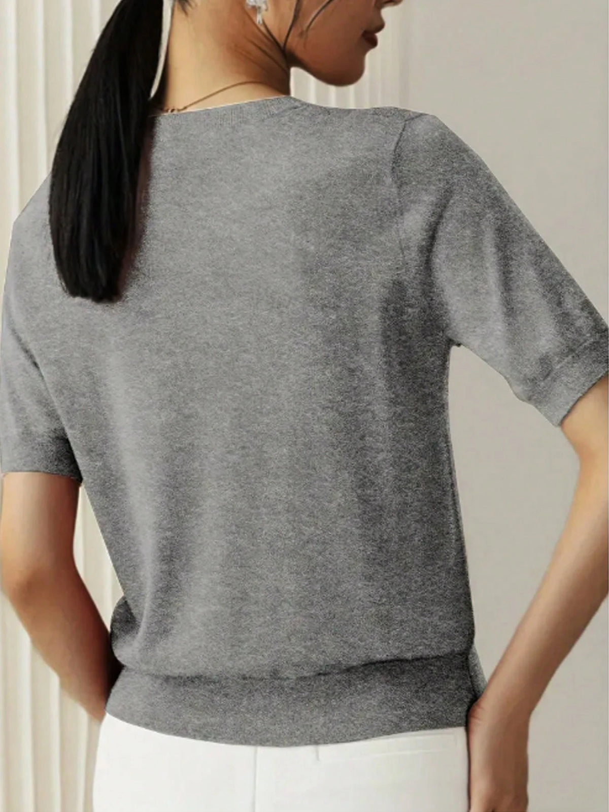 Women's Fine Rib Knit Short Sleeve Top, Fitted Stretch Tee for Layering and Work - Mauve Purple