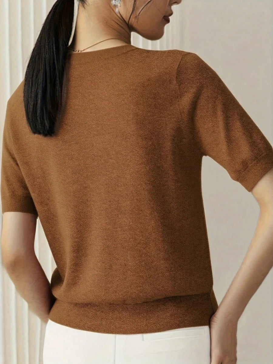 Women's Fine Rib Knit Short Sleeve Top, Fitted Stretch Tee for Layering and Work - Black
