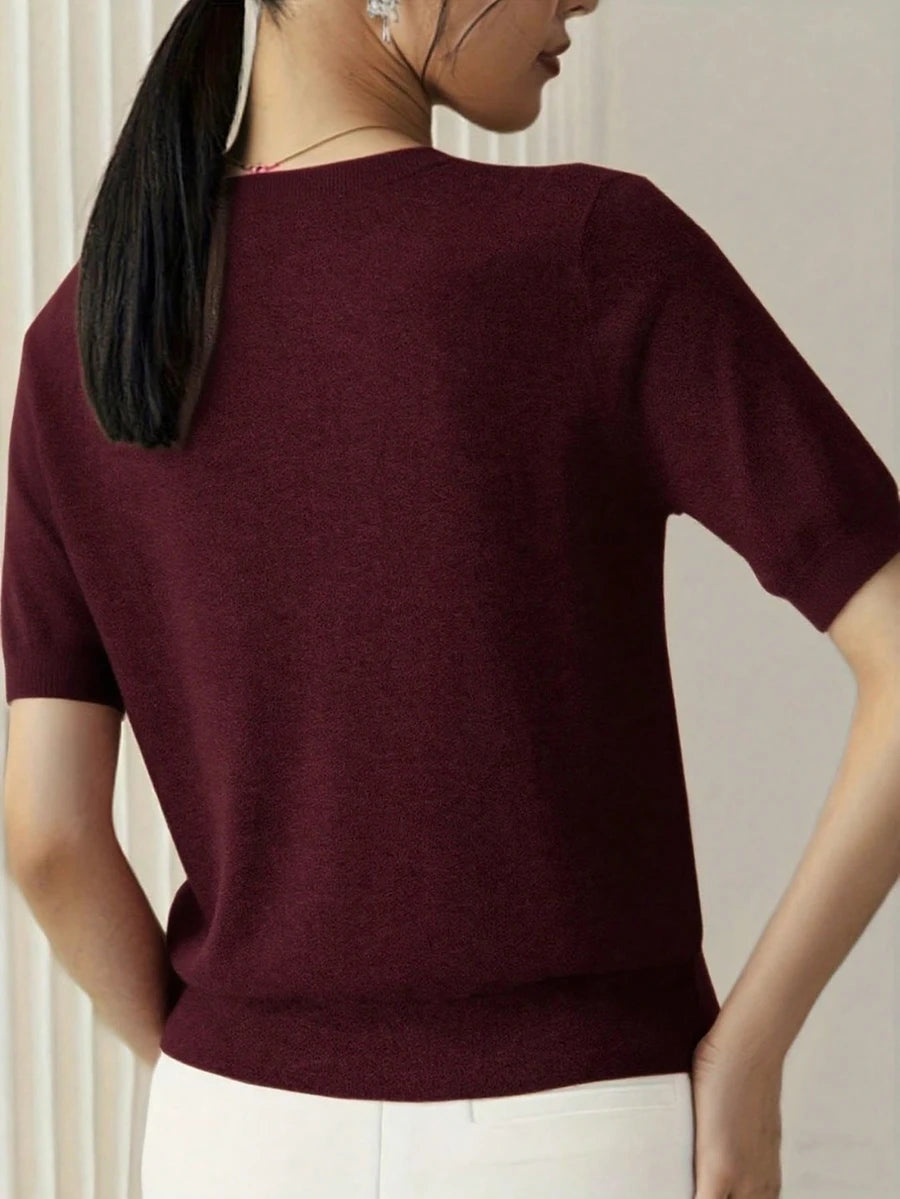 Women's Fine Rib Knit Short Sleeve Top, Fitted Stretch Tee for Layering and Work - Mauve Purple