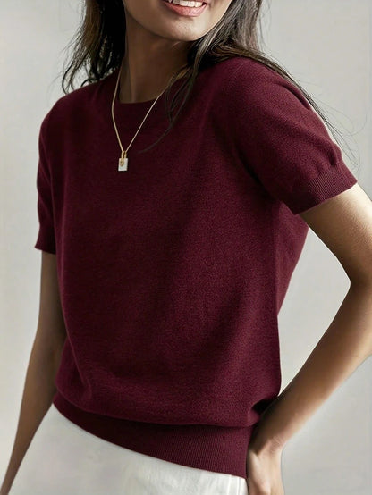 Women's Fine Rib Knit Short Sleeve Top, Fitted Stretch Tee for Layering and Work - Dark Green