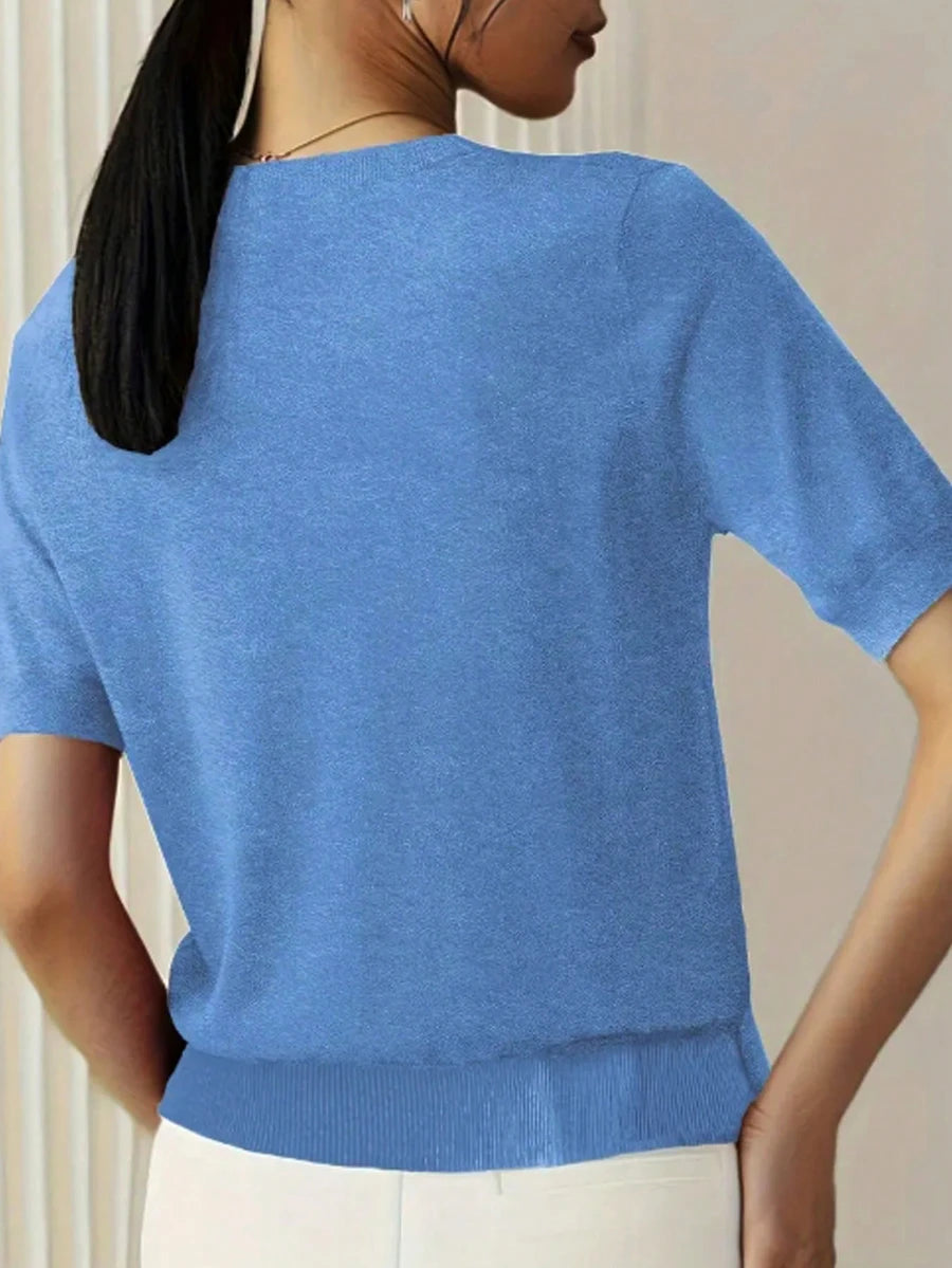 Women's Fine Rib Knit Short Sleeve Top, Fitted Stretch Tee for Layering and Work - Light Grey