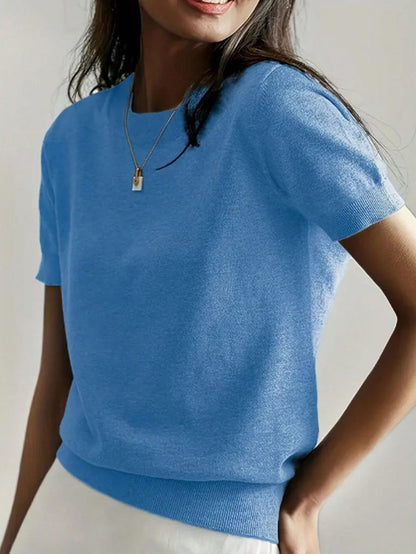 Women's Fine Rib Knit Short Sleeve Top, Fitted Stretch Tee for Layering and Work - Peacock Blue