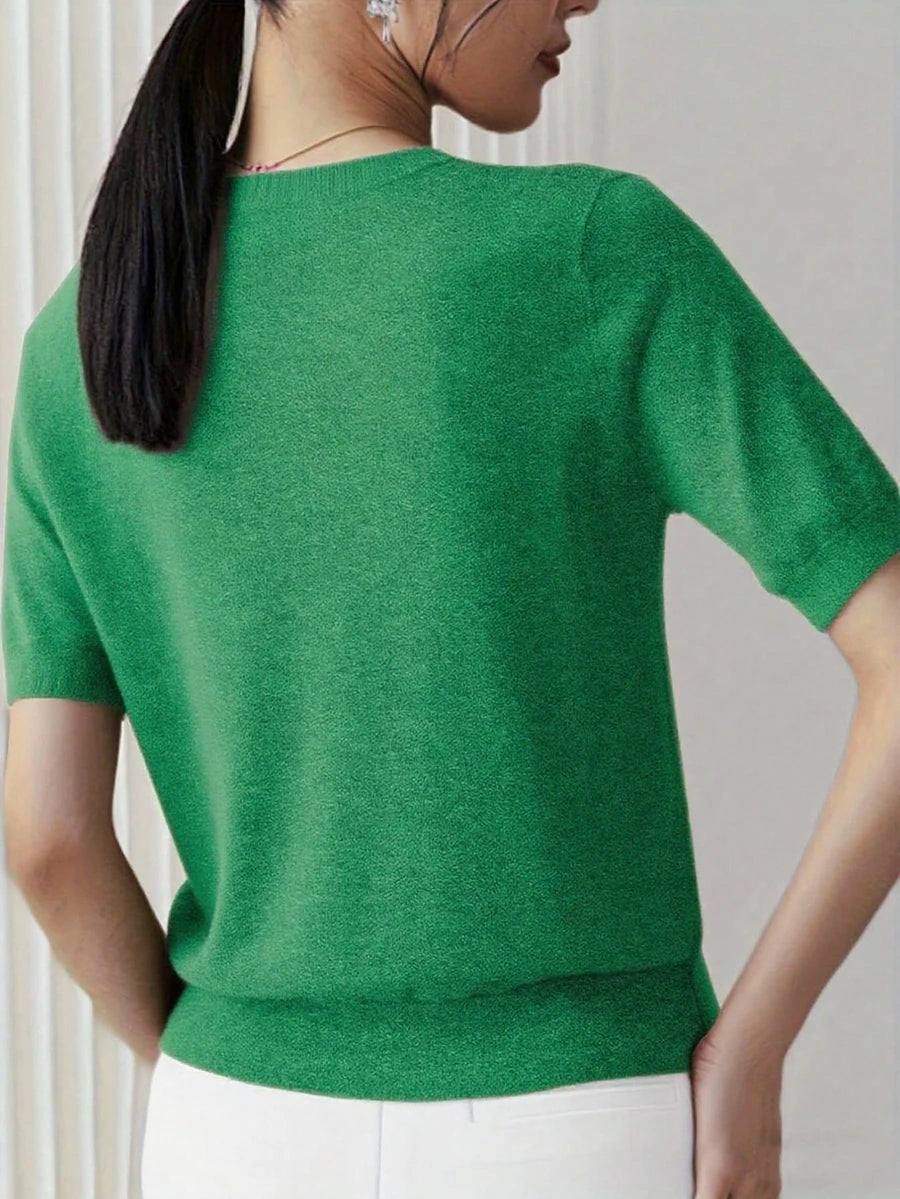 Women's Fine Rib Knit Short Sleeve Top, Fitted Stretch Tee for Layering and Work - Peacock Blue