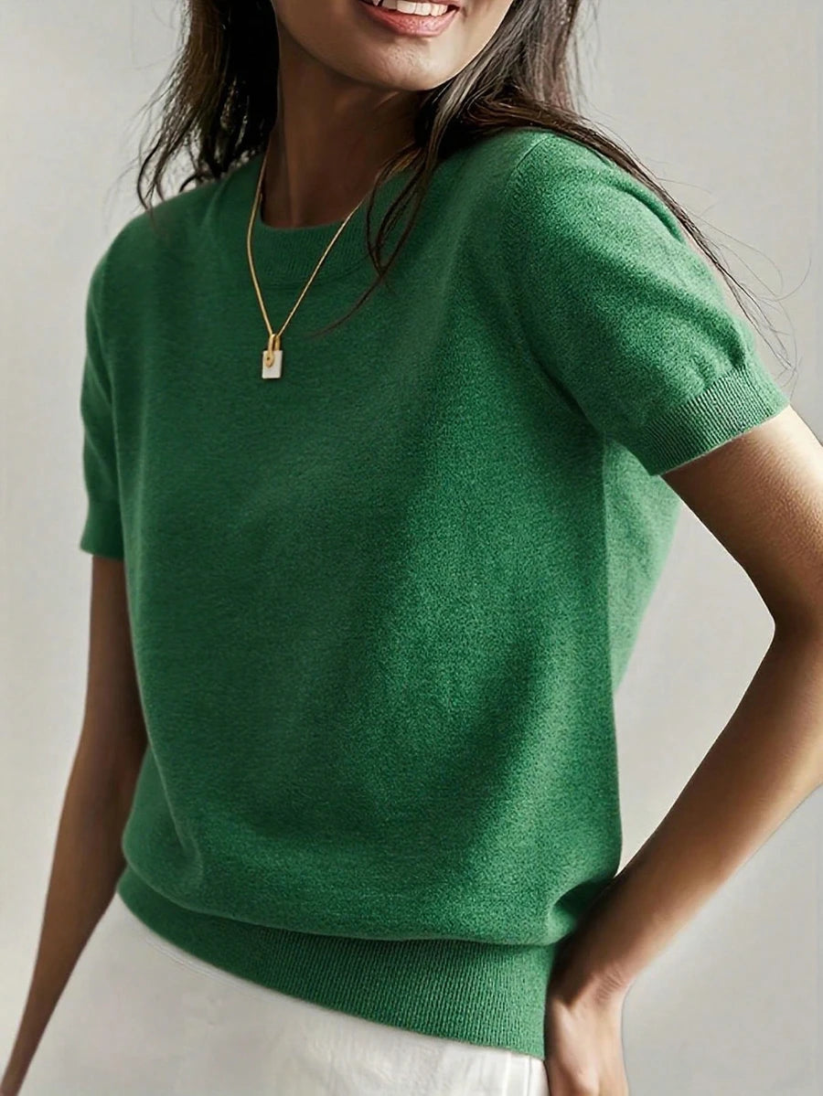 Women's Fine Rib Knit Short Sleeve Top, Fitted Stretch Tee for Layering and Work - Green