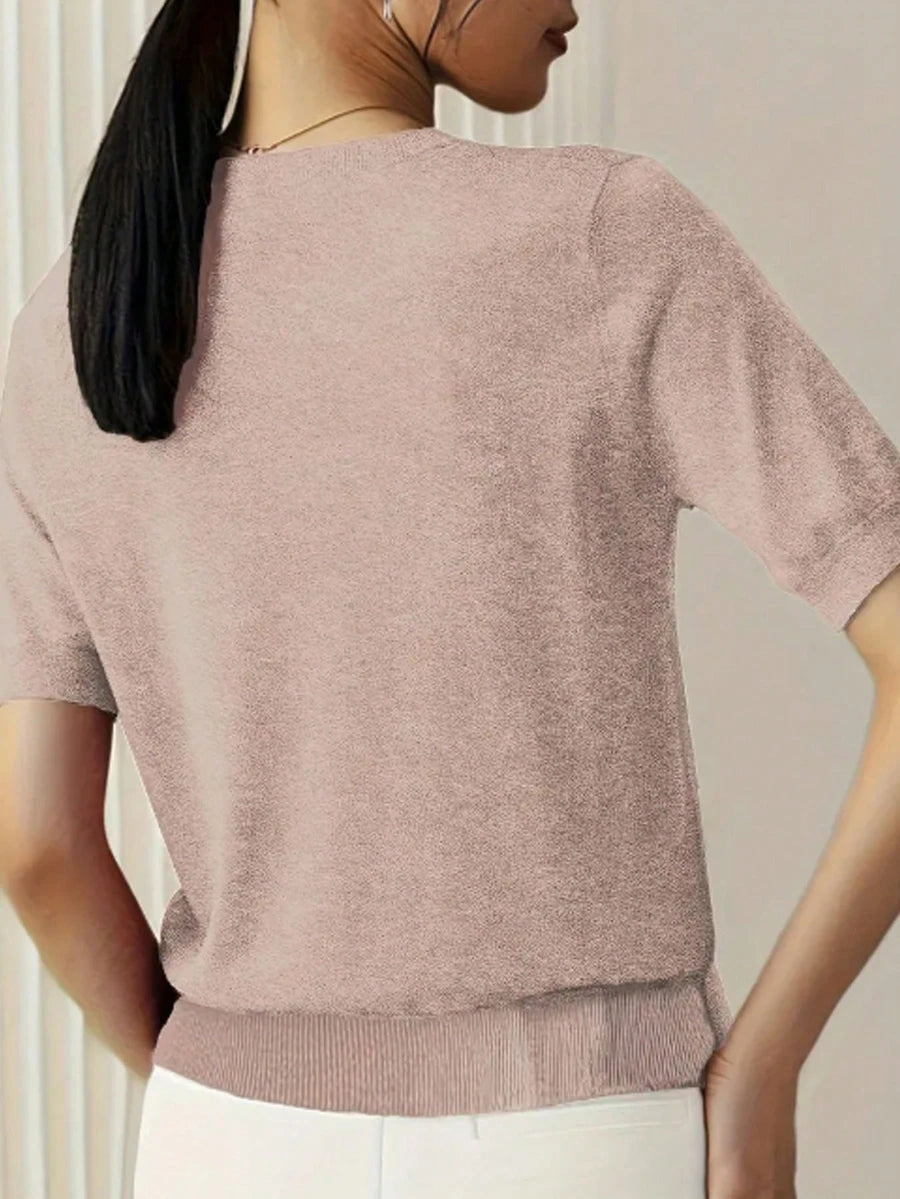 Women's Fine Rib Knit Short Sleeve Top, Fitted Stretch Tee for Layering and Work - Navy Blue