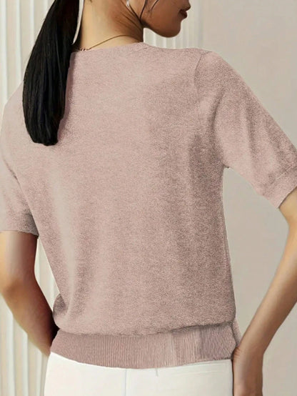 Women's Fine Rib Knit Short Sleeve Top, Fitted Stretch Tee for Layering and Work - Navy Blue