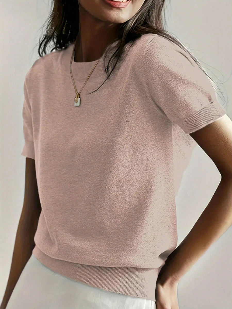 Women's Fine Rib Knit Short Sleeve Top, Fitted Stretch Tee for Layering and Work - Rose Brown