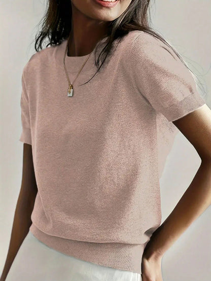 Women's Fine Rib Knit Short Sleeve Top, Fitted Stretch Tee for Layering and Work - Rose Brown