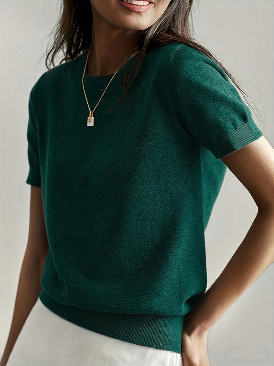 Women's Fine Rib Knit Short Sleeve Top, Fitted Stretch Tee for Layering and Work - Green