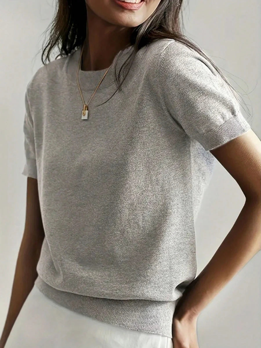 Women's Fine Rib Knit Short Sleeve Top, Fitted Stretch Tee for Layering and Work - Green