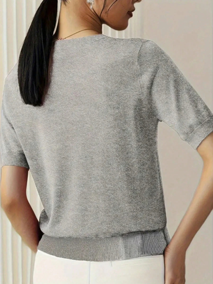 Women's Fine Rib Knit Short Sleeve Top, Fitted Stretch Tee for Layering and Work - White