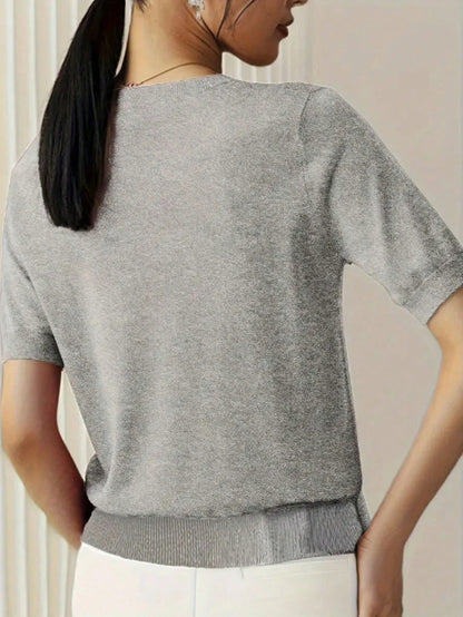 Women's Fine Rib Knit Short Sleeve Top, Fitted Stretch Tee for Layering and Work - White