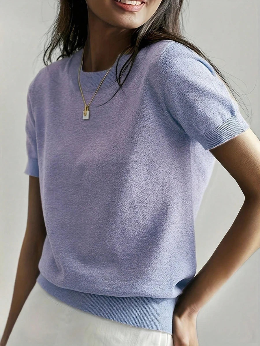 Women's Fine Rib Knit Short Sleeve Top, Fitted Stretch Tee for Layering and Work - Earthy Yellow