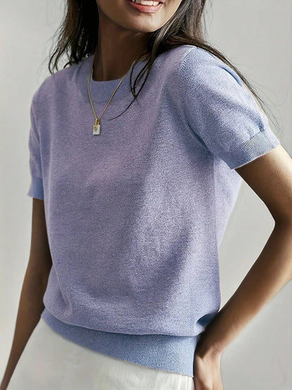Women's Fine Rib Knit Short Sleeve Top, Fitted Stretch Tee for Layering and Work - Earthy Yellow
