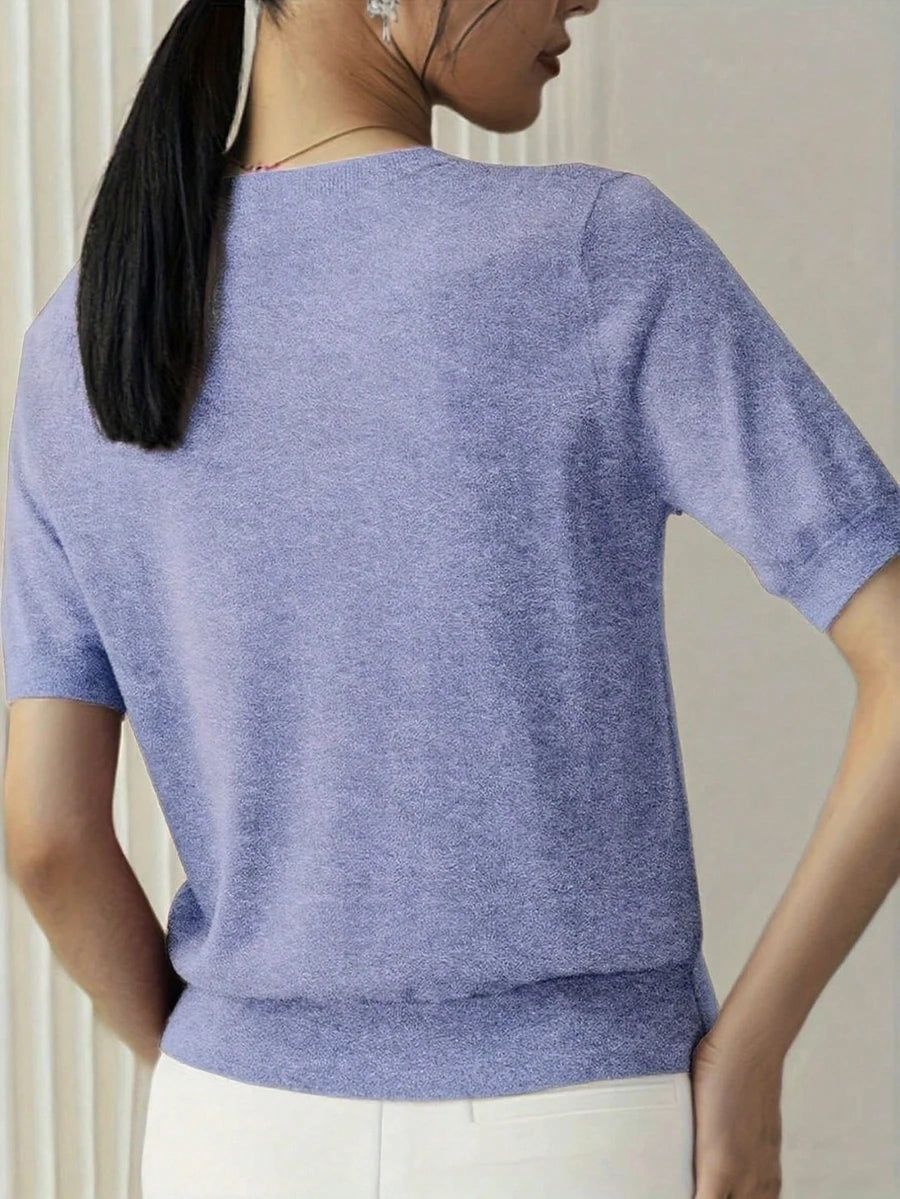 Women's Fine Rib Knit Short Sleeve Top, Fitted Stretch Tee for Layering and Work - Light Grey